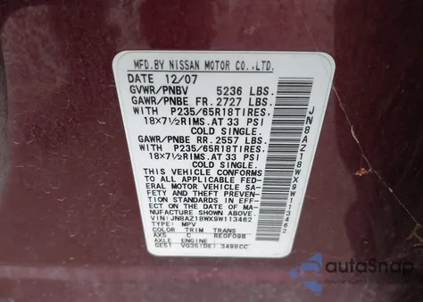 2009 Nissan Murano Sl z USA, uszkodzony, nr VIN JN8AZ18WX9W113462